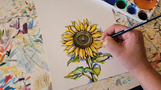 Pen and watercolour sunflower in aid of Ukraine